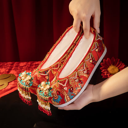 2025 New Chinese Wedding Shoes - Red Xiuhe Flat Embroidered Bridal Shoes | Comfortable Non-Slip Hanfu Accompaniment