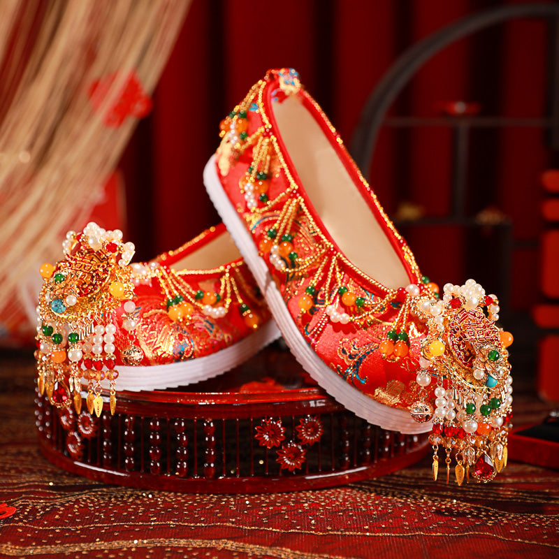 Eternal Bond: 2025 Hand-Embroidered Tassel Wedding Shoes for Chinese Brides