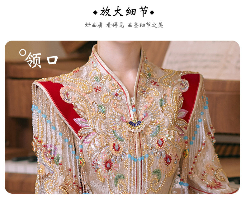 Champagne Gold Elegance 2025 · Petite Xiuhe Wedding Dress | Slim-Fit Dragon-Phoenix Chinese Bridal Gown