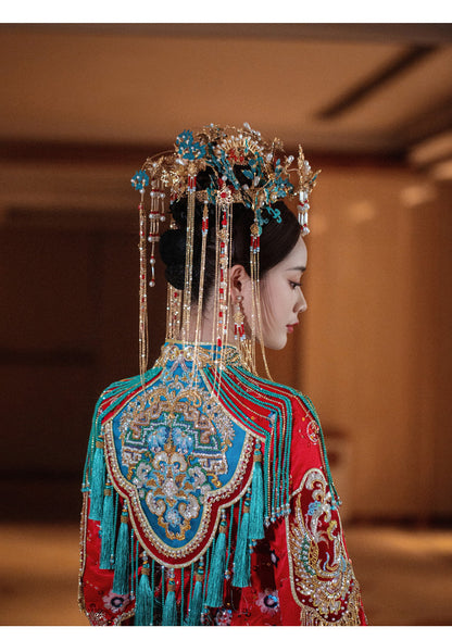 Chinese Bridal Cloisonné Phoenix Crown – Elegant Hanfu Wedding Hairpiece with Butterfly Tassels, Crafted from Copper and Aluminum