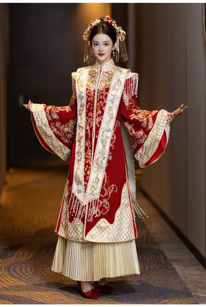Phoenix Ceremony · 2025 Ming-style Xiuhe Dress | 3-in-1 Bridal Gown for Banquet & Departure with Heavy Embroidery