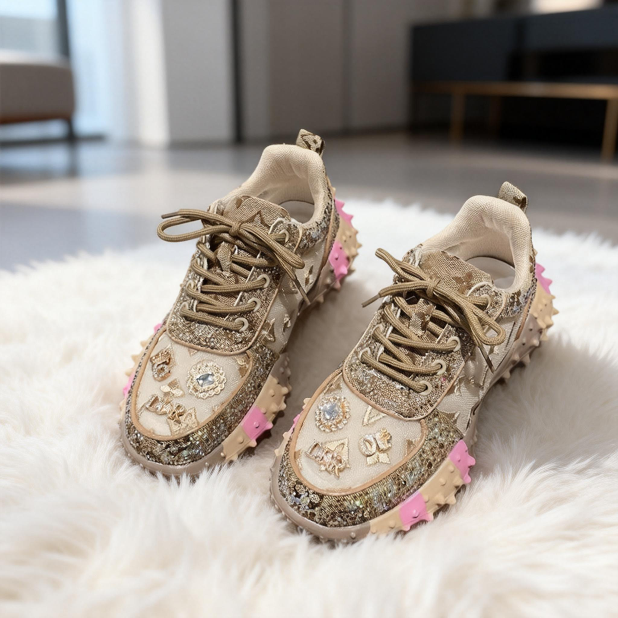 Fashionable sequined casual sports shoes, letter-patterned mesh sports shoes, women's comfortable trendy walking shoes, anti-slip outdoor shoes, long-lasting and comfortable to wear all day long