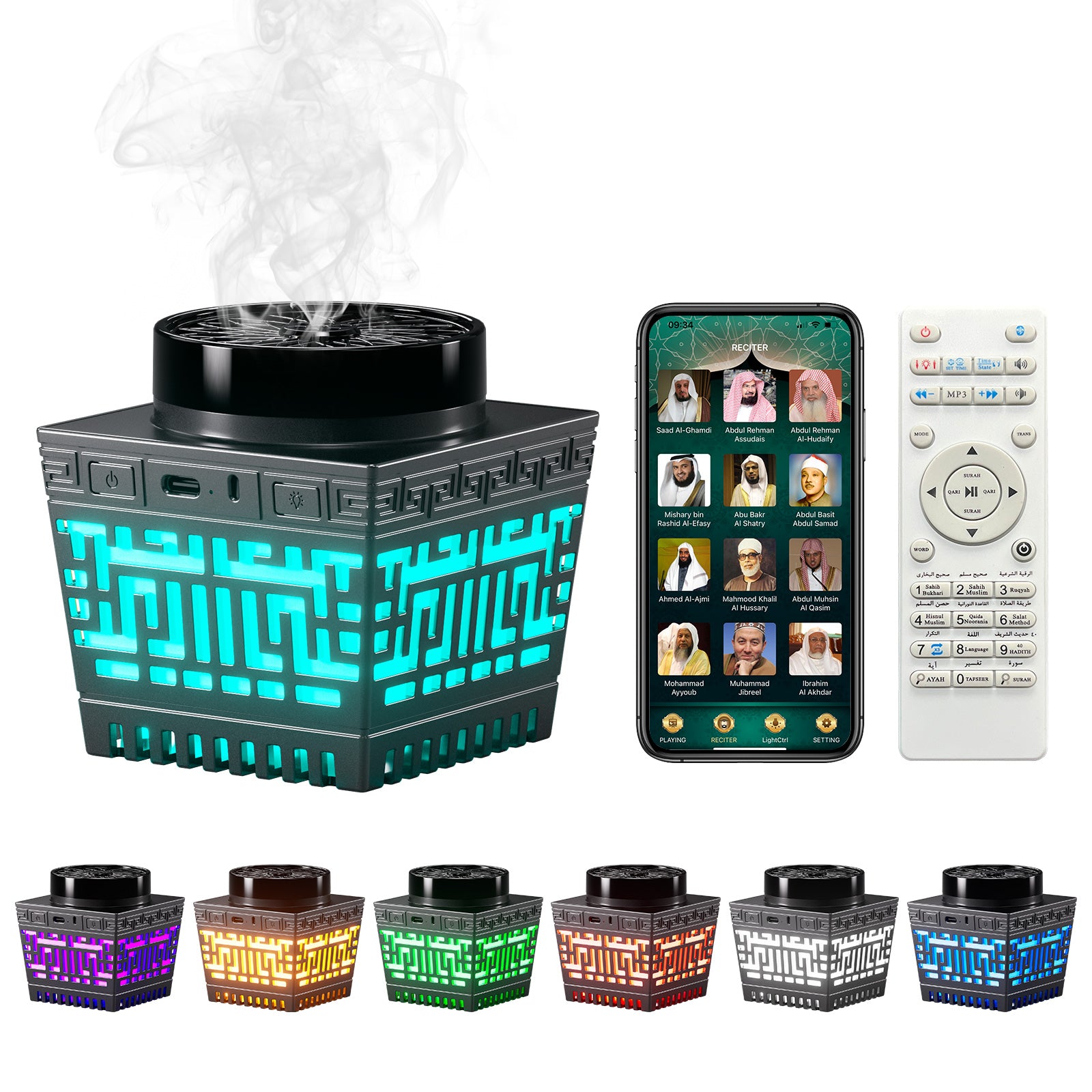 Smart Electric Bakhoor Burner & Quran Speaker with Azan Clock, Portable Oud Incense Heater with App/Remote Control, RGB Ambient Light for Home, Car, Hair & Clothes