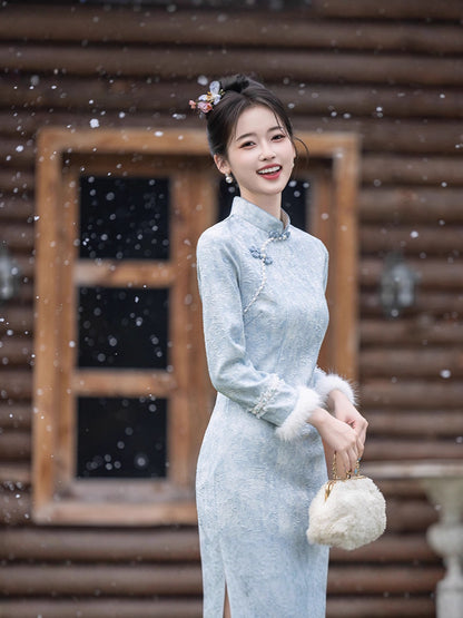 Azure Bloom · 2025 Winter Qipao with Fleece Lining