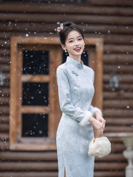 Azure Bloom · 2025 Winter Qipao with Fleece Lining