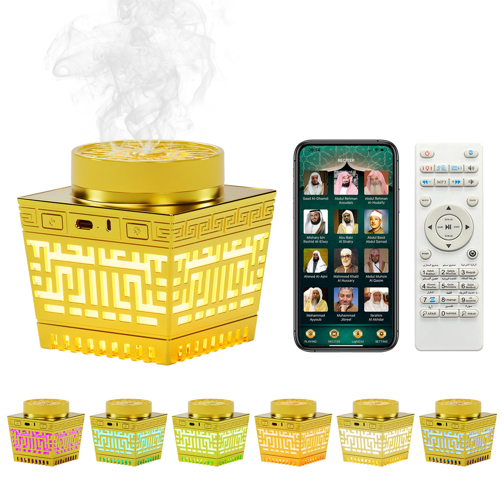 Smart Electric Bakhoor Burner & Quran Speaker with Azan Clock, Portable Oud Incense Heater with App/Remote Control, RGB Ambient Light for Home, Car, Hair & Clothes