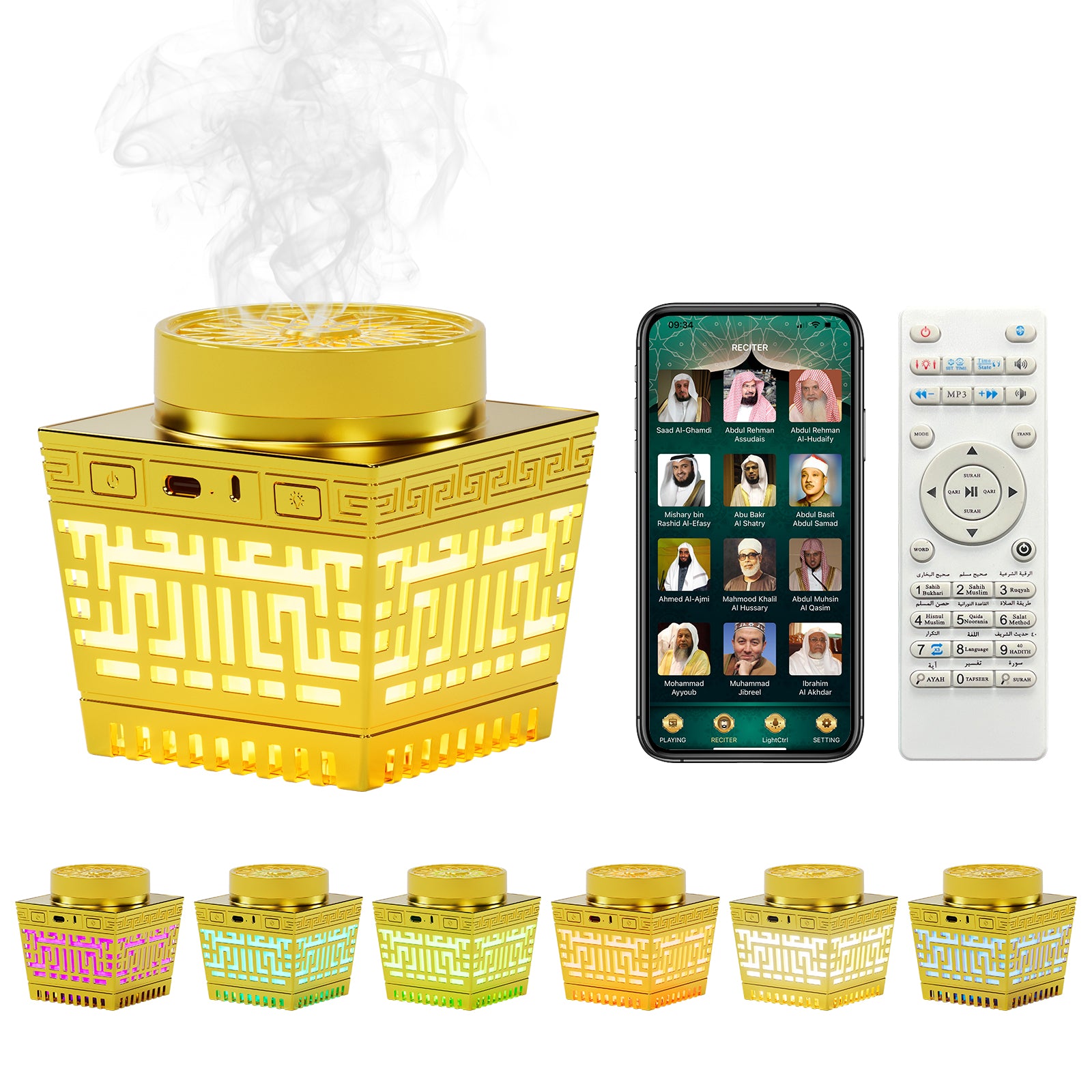 Smart Electric Bakhoor Burner & Quran Speaker with Azan Clock, Portable Oud Incense Heater with App/Remote Control, RGB Ambient Light for Home, Car, Hair & Clothes