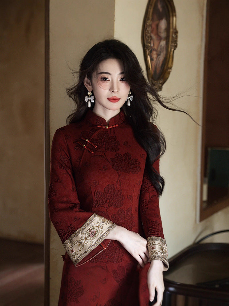 2025 Autumn/Winter Qipao · Wine Red Retro Flared Sleeve Dress