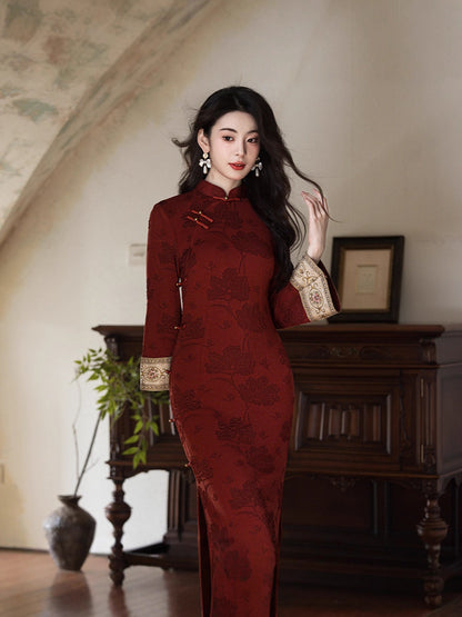 2025 Autumn/Winter Qipao · Wine Red Retro Flared Sleeve Dress