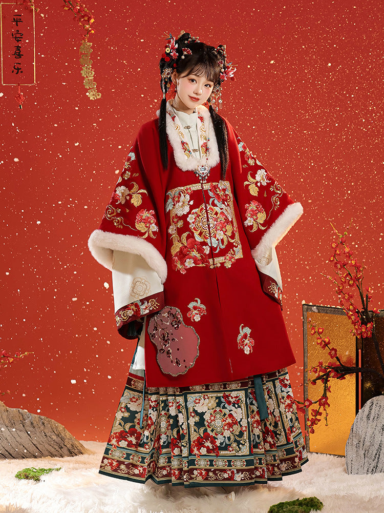 Spring Silk Vision · Red Hanfu Ensemble (Long Coat + Inner Garment + Horse-Faced Skirt)
