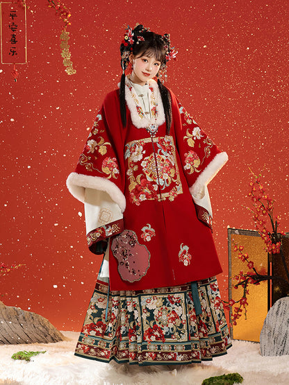 Spring Silk Vision · Red Hanfu Ensemble (Long Coat + Inner Garment + Horse-Faced Skirt)