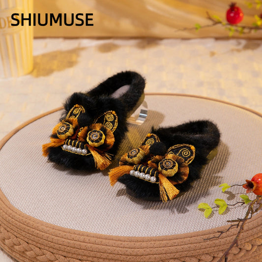 Women's Chinese Tiger Head Shoes – "Sunny Warmth" Faux Rabbit Fur Embroidered Flat Shoes