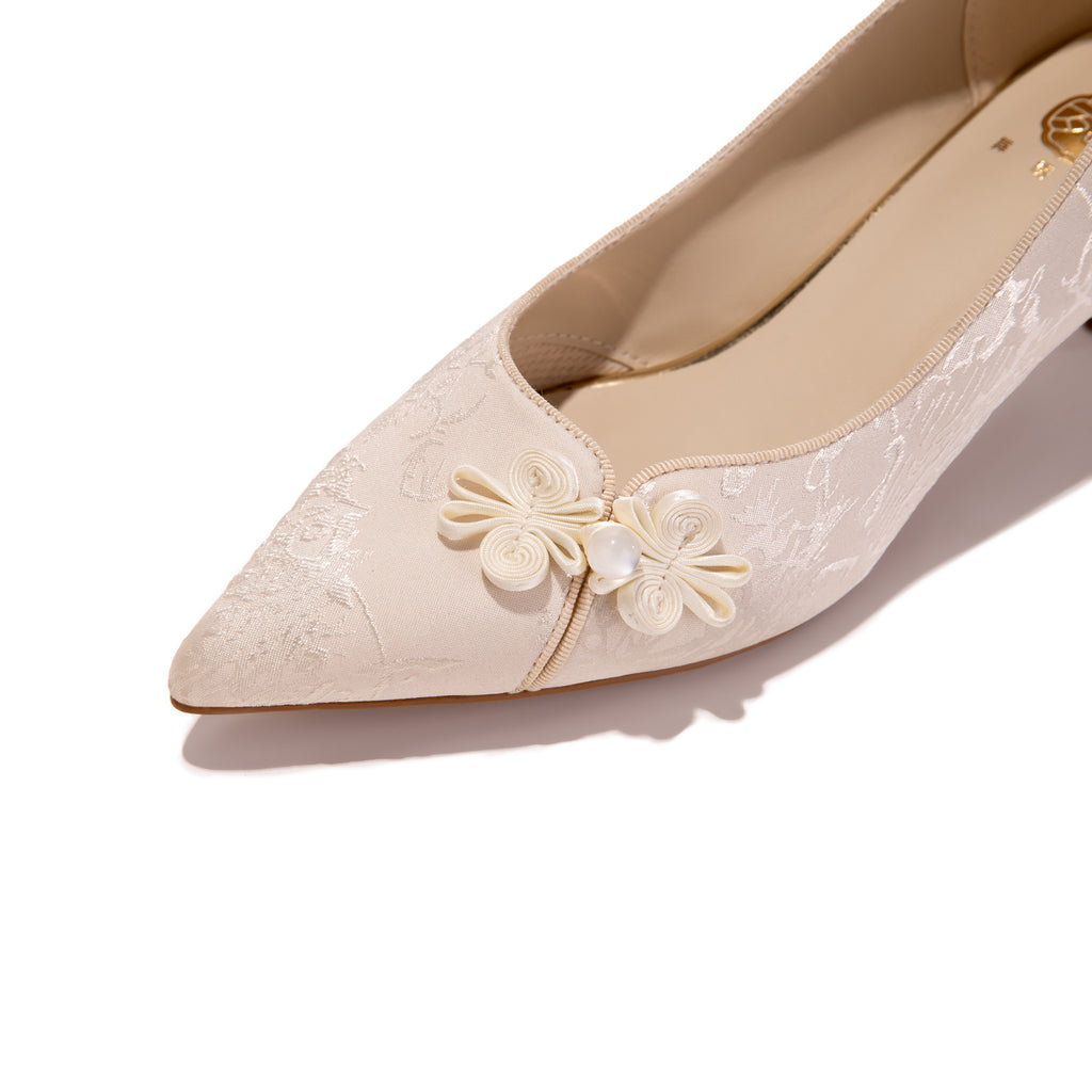 Vintage Chic Pumps - Women's Jacquard Satin Pointed Toe Kitten Heels, Handcrafted Bridal Dress Shoes