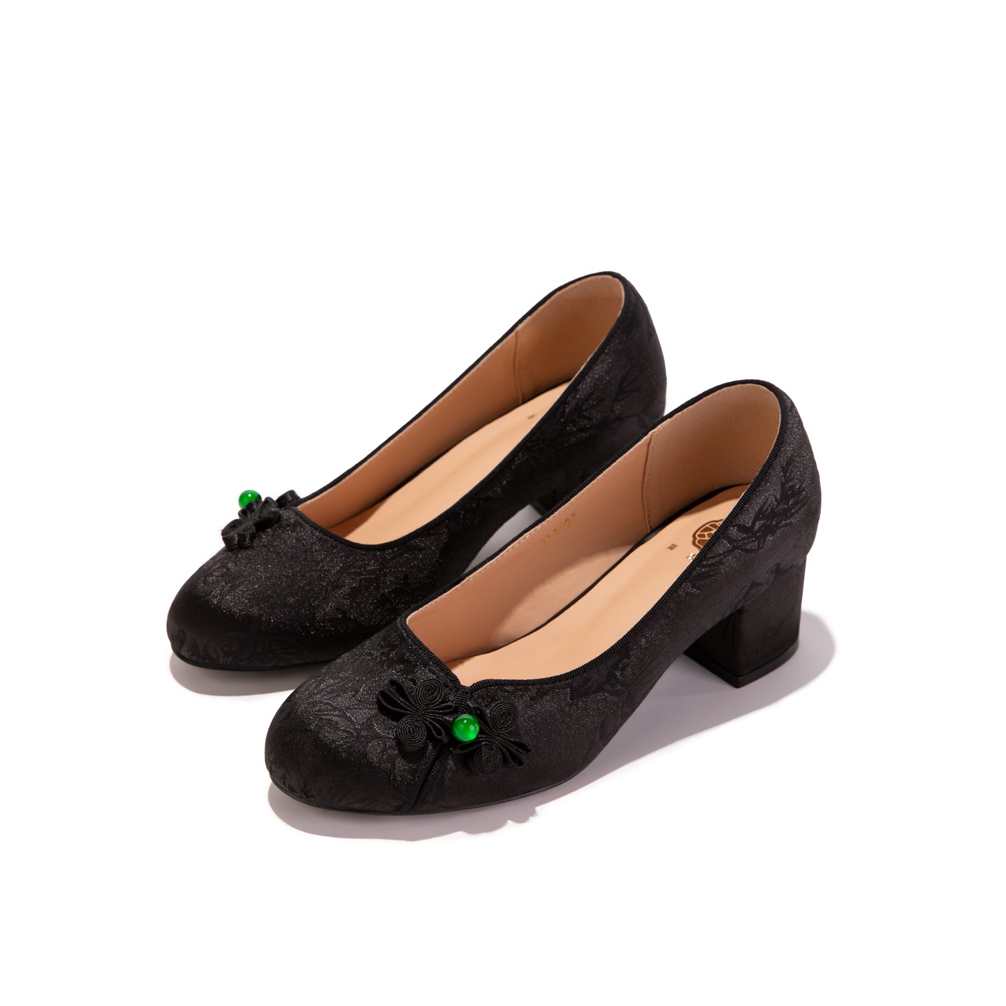 Chinoiserie Silk Pumps - Women's Vintage Jacquard Satin Block Heels, Comfortable Sheepskin Insole Floral Knot Evening Wedding Shoes