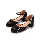Black Jacquard Mary Jane Block Heels | Pearl Trim Elegant Pumps for Women