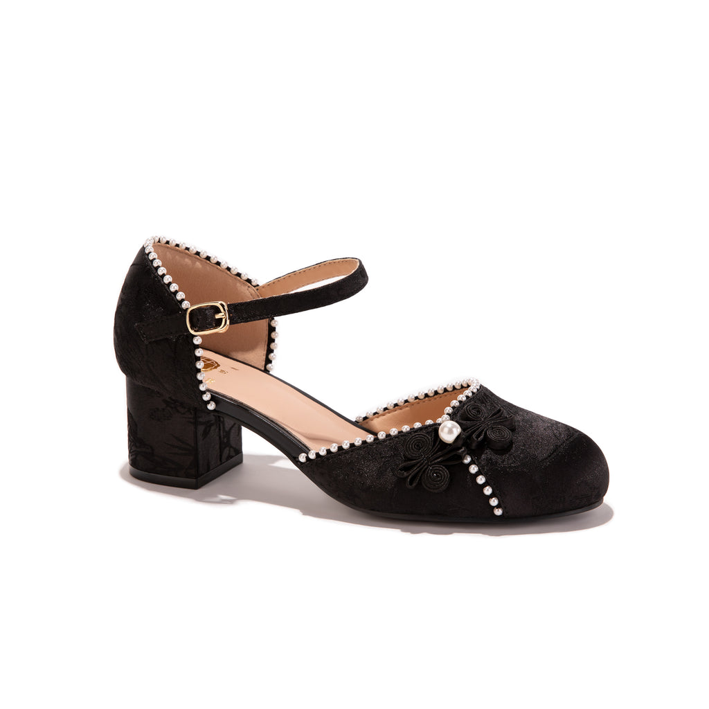 Black Jacquard Mary Jane Block Heels | Pearl Trim Elegant Pumps for Women