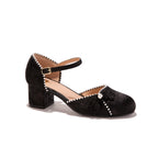 Black Jacquard Mary Jane Block Heels | Pearl Trim Elegant Pumps for Women