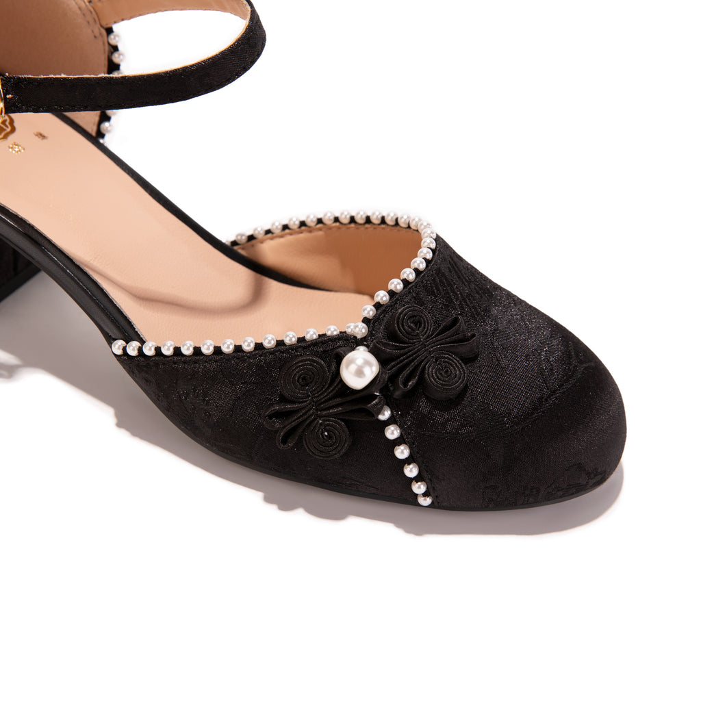 Black Jacquard Mary Jane Block Heels | Pearl Trim Elegant Pumps for Women