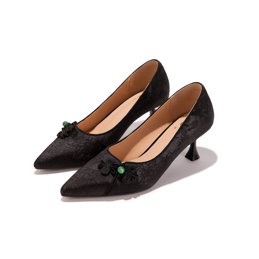 Versatile Oriental-Inspired Black Jacquard Frog Button Kitten Heels | Everyday Elegant Pumps