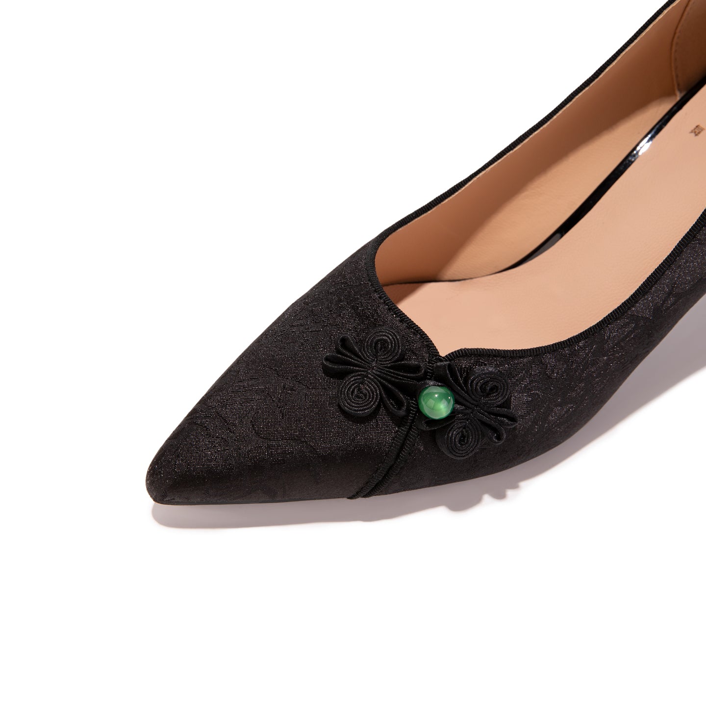 Versatile Oriental-Inspired Black Jacquard Frog Button Kitten Heels | Everyday Elegant Pumps
