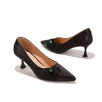 Versatile Oriental-Inspired Black Jacquard Frog Button Kitten Heels | Everyday Elegant Pumps