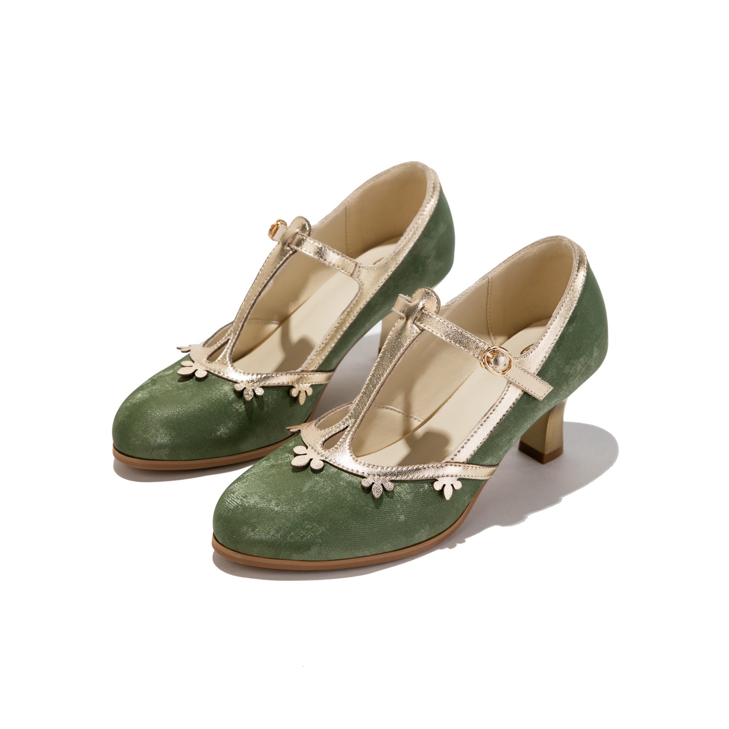 Versatile Green T-Strap Mary Jane Block Heels | Retro Floral Trim Everyday Pumps