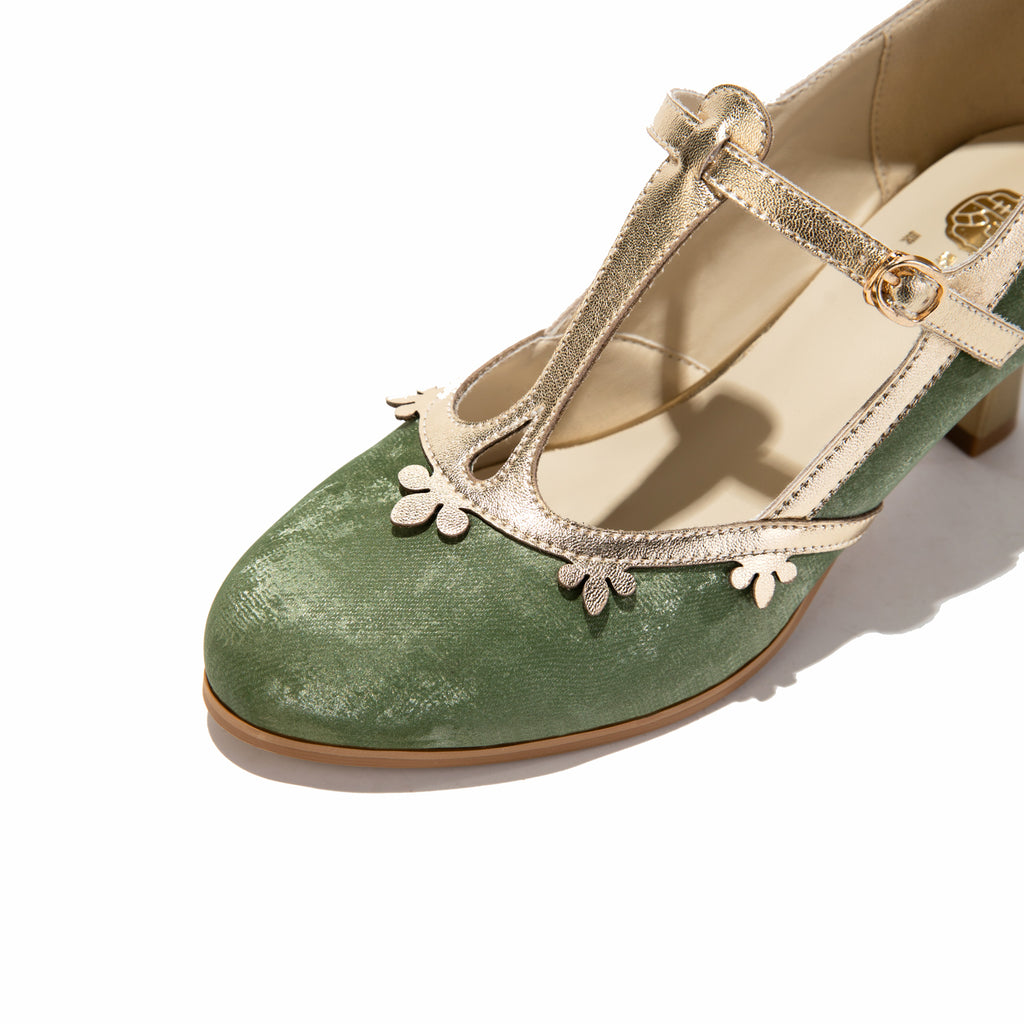 Versatile Green T-Strap Mary Jane Block Heels | Retro Floral Trim Everyday Pumps