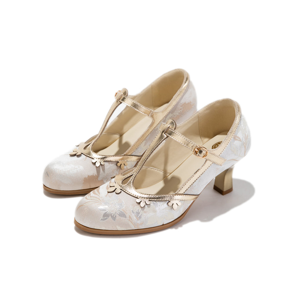 Versatile Champagne Jacquard T-Strap Mary Jane Block Heels | Floral Trim Everyday Pumps