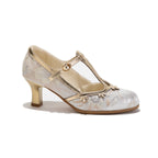 Versatile Champagne Jacquard T-Strap Mary Jane Block Heels | Floral Trim Everyday Pumps
