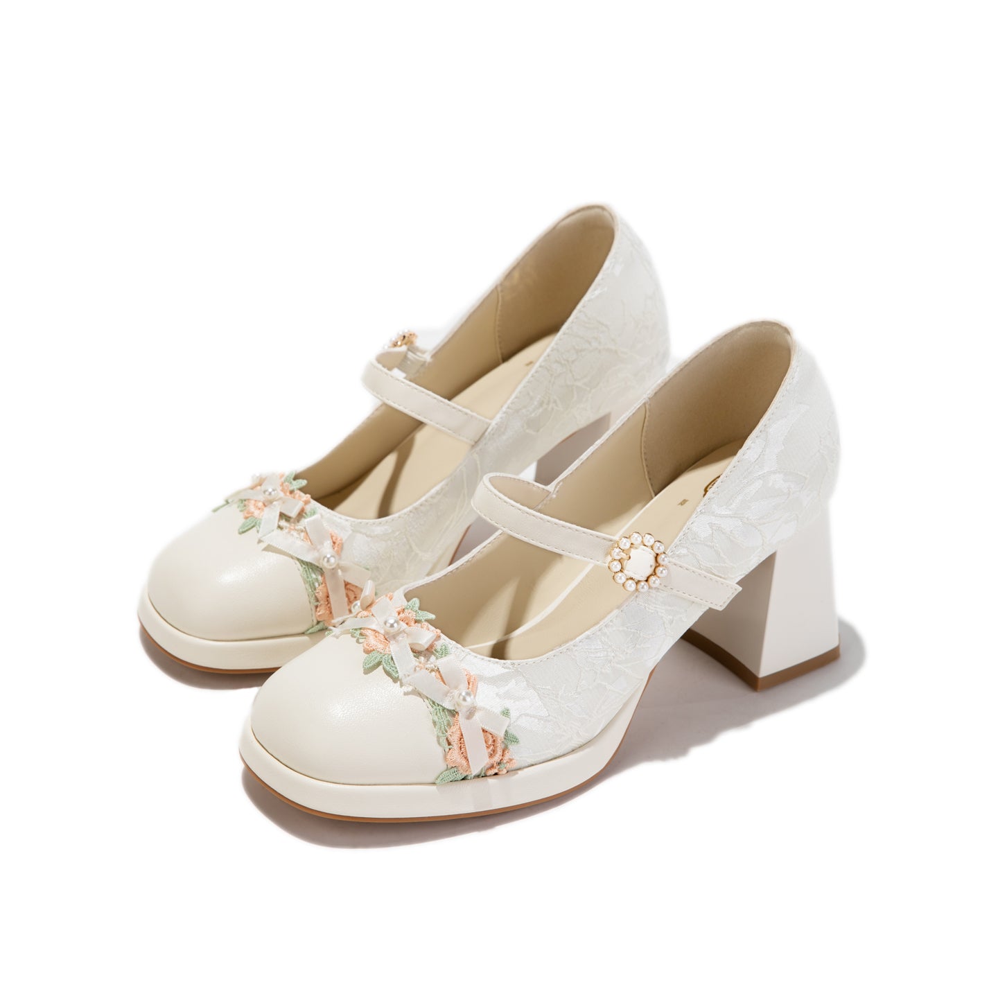 White Floral Trim Mary Jane Heels | Elegant Block Heel Wedding Pumps
