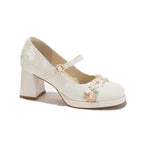 White Floral Trim Mary Jane Heels | Elegant Block Heel Wedding Pumps
