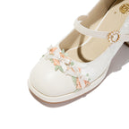 White Floral Trim Mary Jane Heels | Elegant Block Heel Wedding Pumps