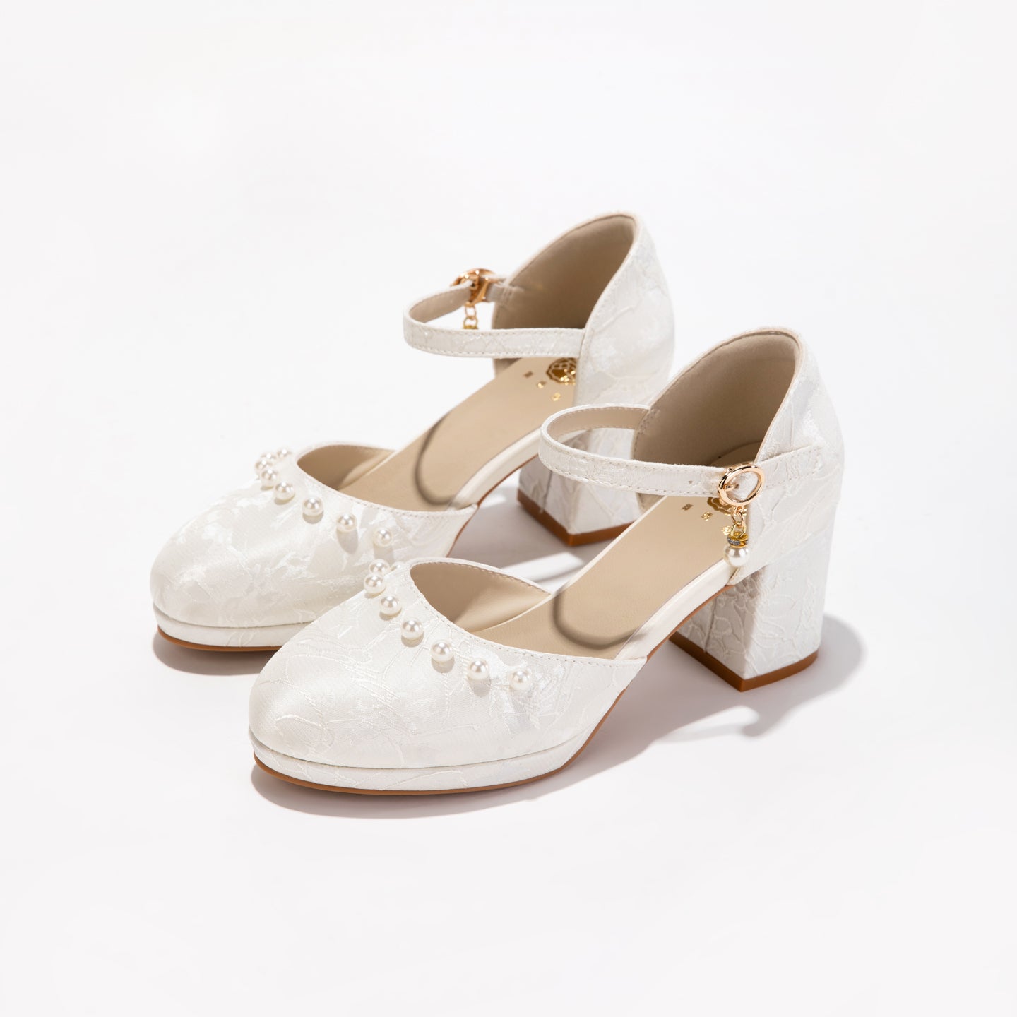 Versatile White Jacquard Pearl Ankle Strap Block Heels | Elegant Everyday & Wedding Pumps
