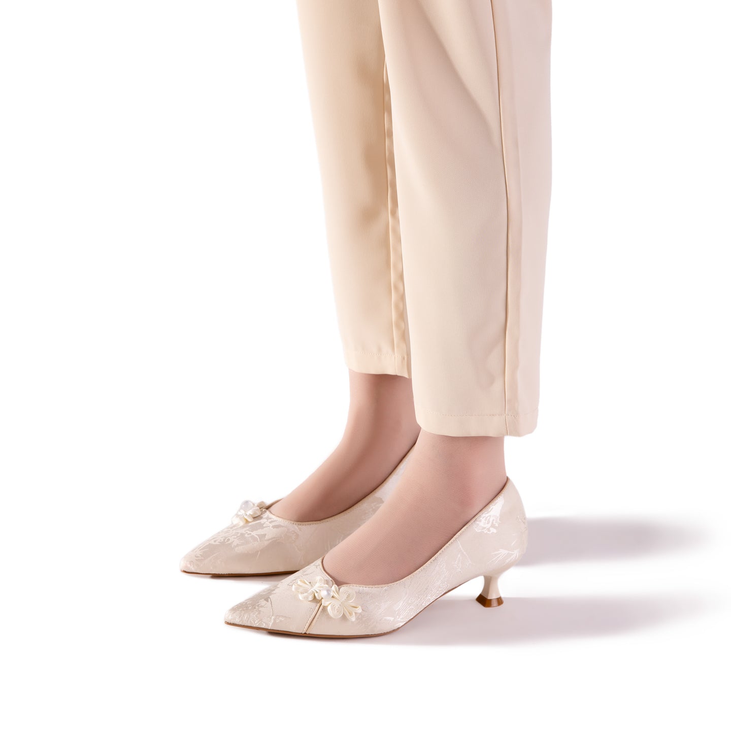 Vintage Chic Pumps - Women's Jacquard Satin Pointed Toe Kitten Heels, Handcrafted Bridal Dress Shoes