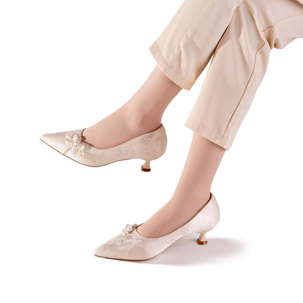 Vintage Chic Pumps - Women's Jacquard Satin Pointed Toe Kitten Heels, Handcrafted Bridal Dress Shoes