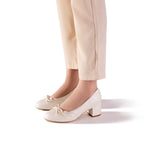 French Jacquard Mary Janes - Block Heel Wedding Shoes, Vintage Bow Pumps, Bridal Bridesmaid Heels, Elegant Cream Formal Footwear