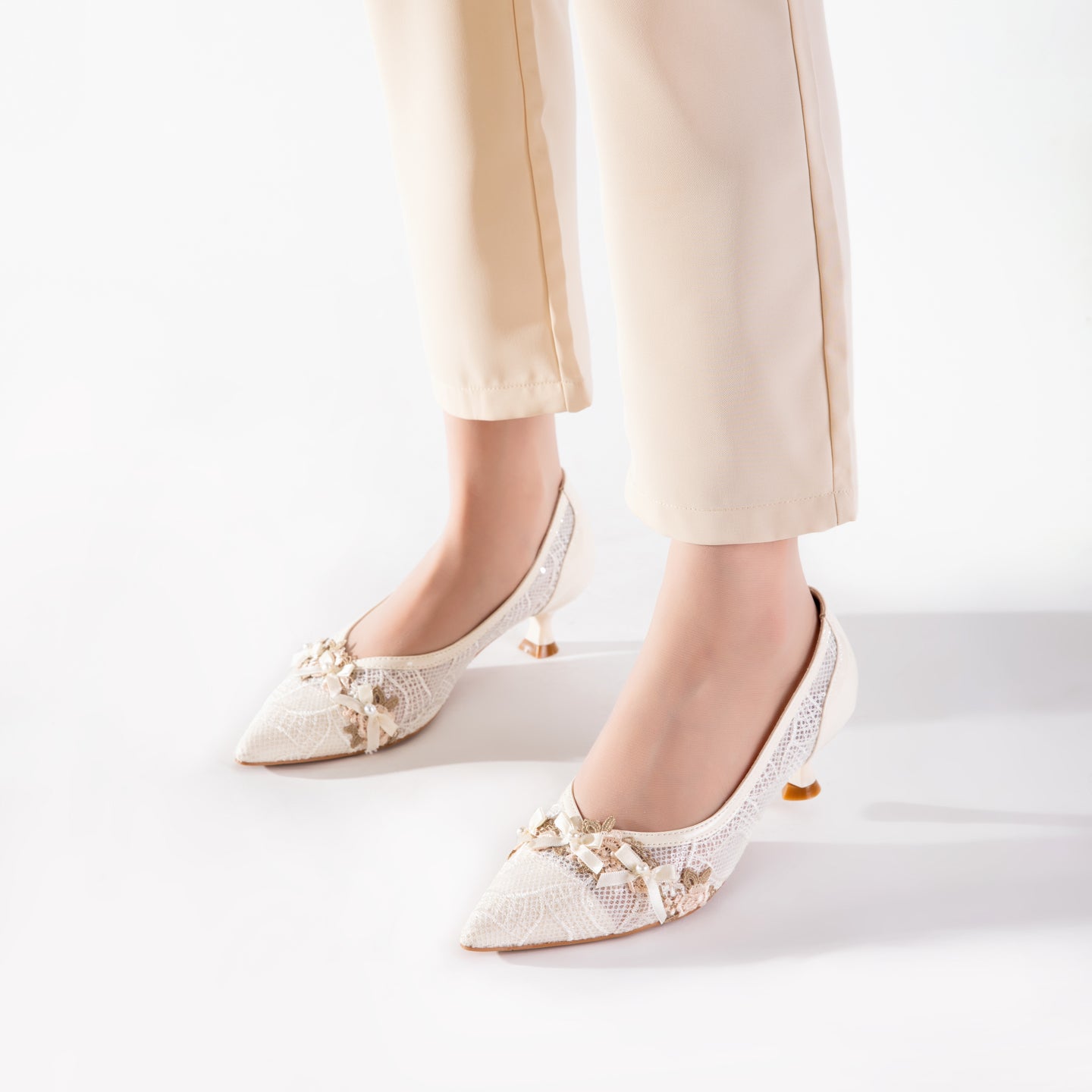 Lace Mesh Bow Kitten Heels | Elegant Wedding & Everyday Pumps