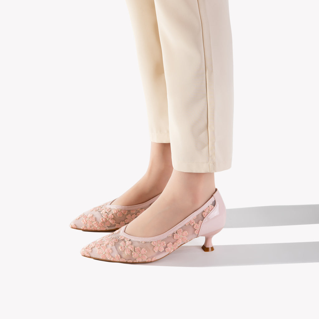 Pink Mesh Floral Kitten Heels | Embroidered Elegant Pumps for Women