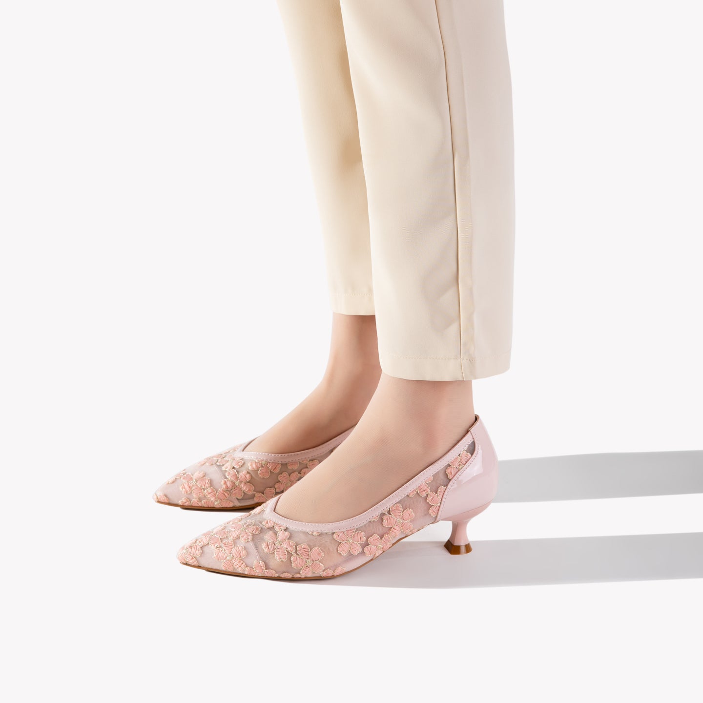 Pink Mesh Floral Kitten Heels | Embroidered Elegant Pumps for Women