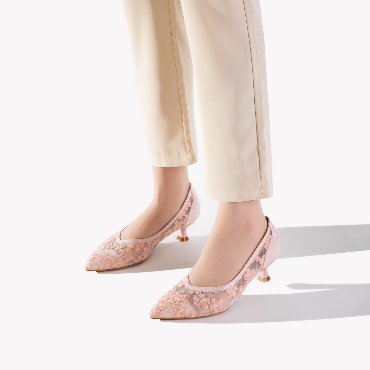 Pink Mesh Floral Kitten Heels | Embroidered Elegant Pumps for Women