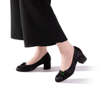 Chinoiserie Silk Pumps - Women's Vintage Jacquard Satin Block Heels, Comfortable Sheepskin Insole Floral Knot Evening Wedding Shoes