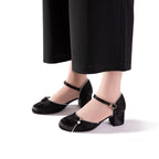 Black Jacquard Mary Jane Block Heels | Pearl Trim Elegant Pumps for Women