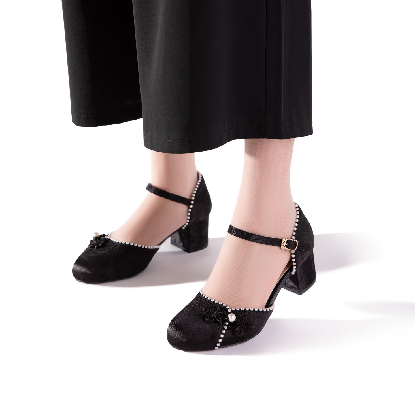 Black Jacquard Mary Jane Block Heels | Pearl Trim Elegant Pumps for Women