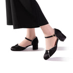 Black Jacquard Mary Jane Block Heels | Pearl Trim Elegant Pumps for Women