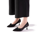Versatile Oriental-Inspired Black Jacquard Frog Button Kitten Heels | Everyday Elegant Pumps