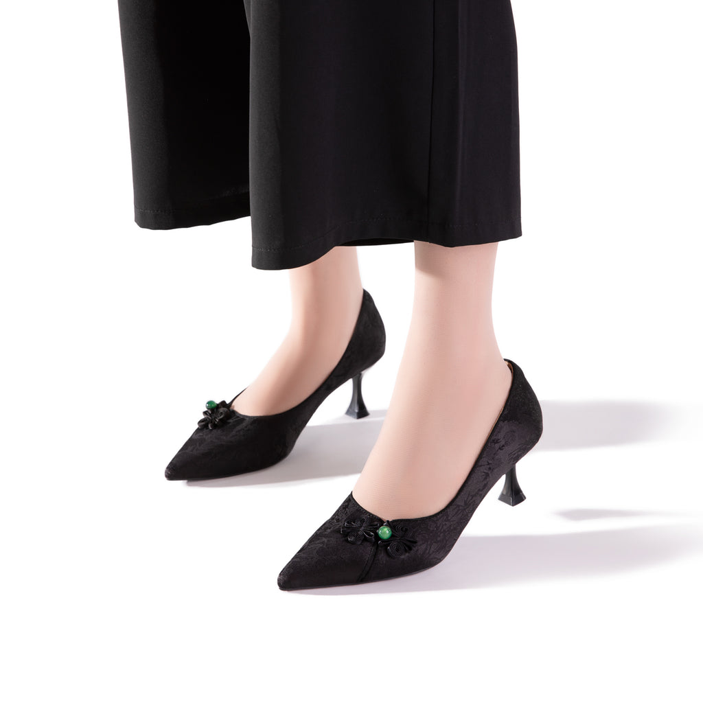 Versatile Oriental-Inspired Black Jacquard Frog Button Kitten Heels | Everyday Elegant Pumps