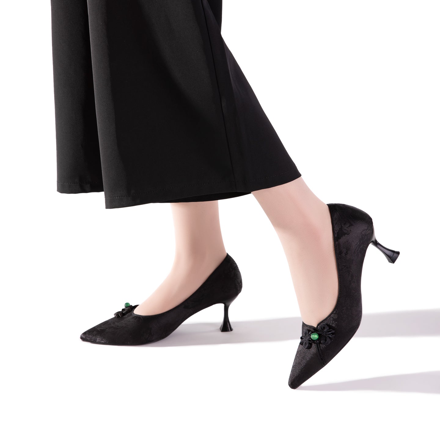 Versatile Oriental-Inspired Black Jacquard Frog Button Kitten Heels | Everyday Elegant Pumps