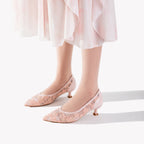 Pink Mesh Floral Kitten Heels | Embroidered Elegant Pumps for Women
