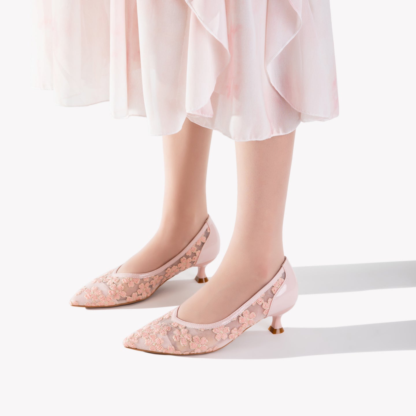 Pink Mesh Floral Kitten Heels | Embroidered Elegant Pumps for Women
