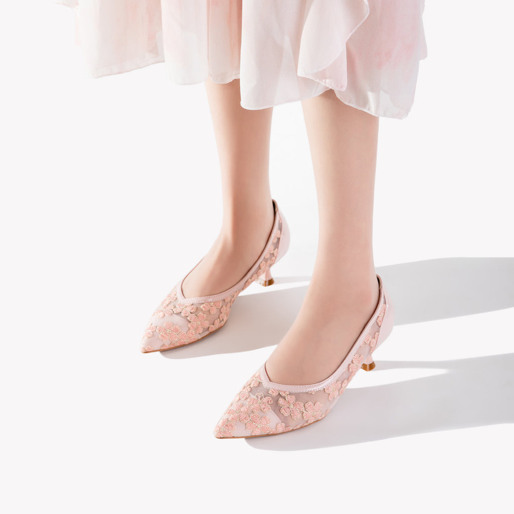 Pink Mesh Floral Kitten Heels | Embroidered Elegant Pumps for Women